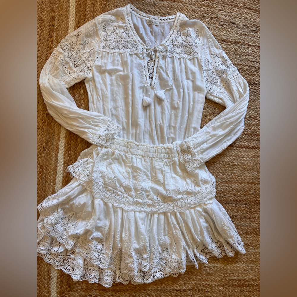 LOVESHACKFANCY WHITE SWISS DOT ORIGINAL POPOVER MINI DRESS COTTON PERFECT L